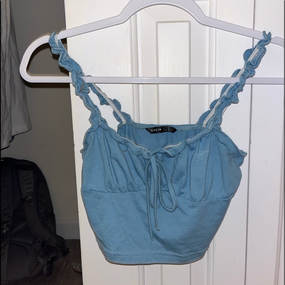 SHEIN blue ruffle top with tie